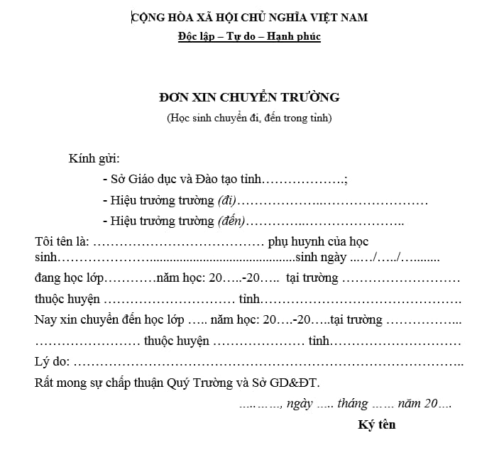Đơn xin chuyển trường cùng tỉnh, thành phố