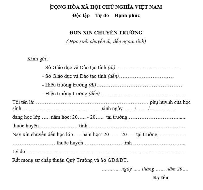 Đơn xin chuyển trường khác tỉnh, thành phố